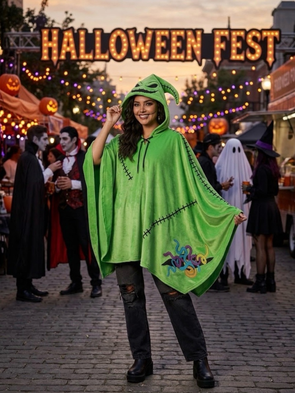 Disney Green Halloween Stitch Hooded Poncho Costume